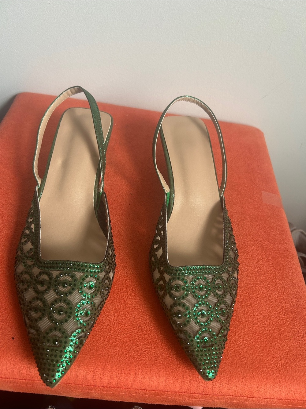 Women’s Green Embellished Slingback Pointed-Toe Heels